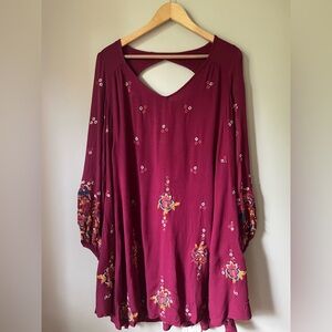 Free People Magenta Embroidered Mini Boho Dress